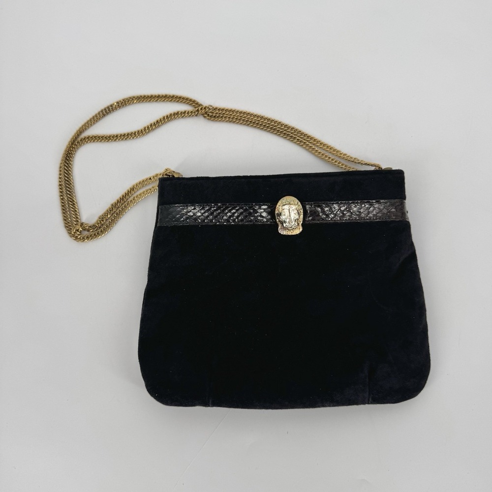 Vintage Ruth Saltz Handbag Purse Suede‎ Snake Print Trim Black Cougar Chain
